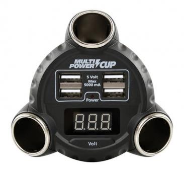 Multi-Power Cup, 3 Zigarettenanzünder-Steckdosen + 4 USB- und Voltmeter, 12/24/36V