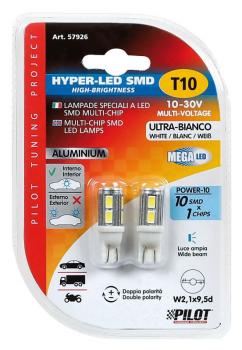 10-30V Mega-Led 10 - 10 SMD x 1 Chip - (T10) - W2,1x9,5d - 2 Stück - D/Blister - Weiß - Duale Polarität - Eingebauter Widerstand