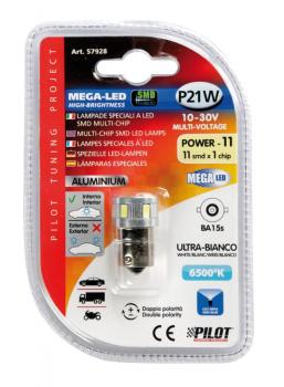 10-30V Mega-Led 11 - 11 SMD x 1 Chip - (P21W) - BA15s - 1 Stk. - D/Blister - Weiß - Duale Polarität - Eingebauter Widerstand