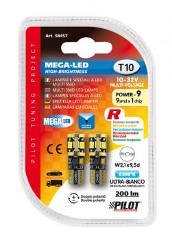 10-32V Mega-Led 9 - 9 SMD x 1 Chip - (T10) - W2,1x9,5d - 2 Stück - D/Blister - Weiß - Duale Polarität - Eingebauter Widerstand