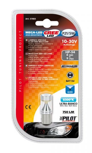 10-30V Mega-Led 54 - 6 SMD x 9 Chips - (P21/5W) - BAY15d - 1 Stck - D/Blister - Weiß
