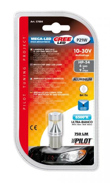 10-30V Mega-Led 54 - 6 SMD x 9 Chips - (P21W) - BA15s - 1 Stck - D/Blister - Weiß